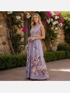 Caroline Constas Sleeveless Lavender Floral V-Neck Maxi Dress